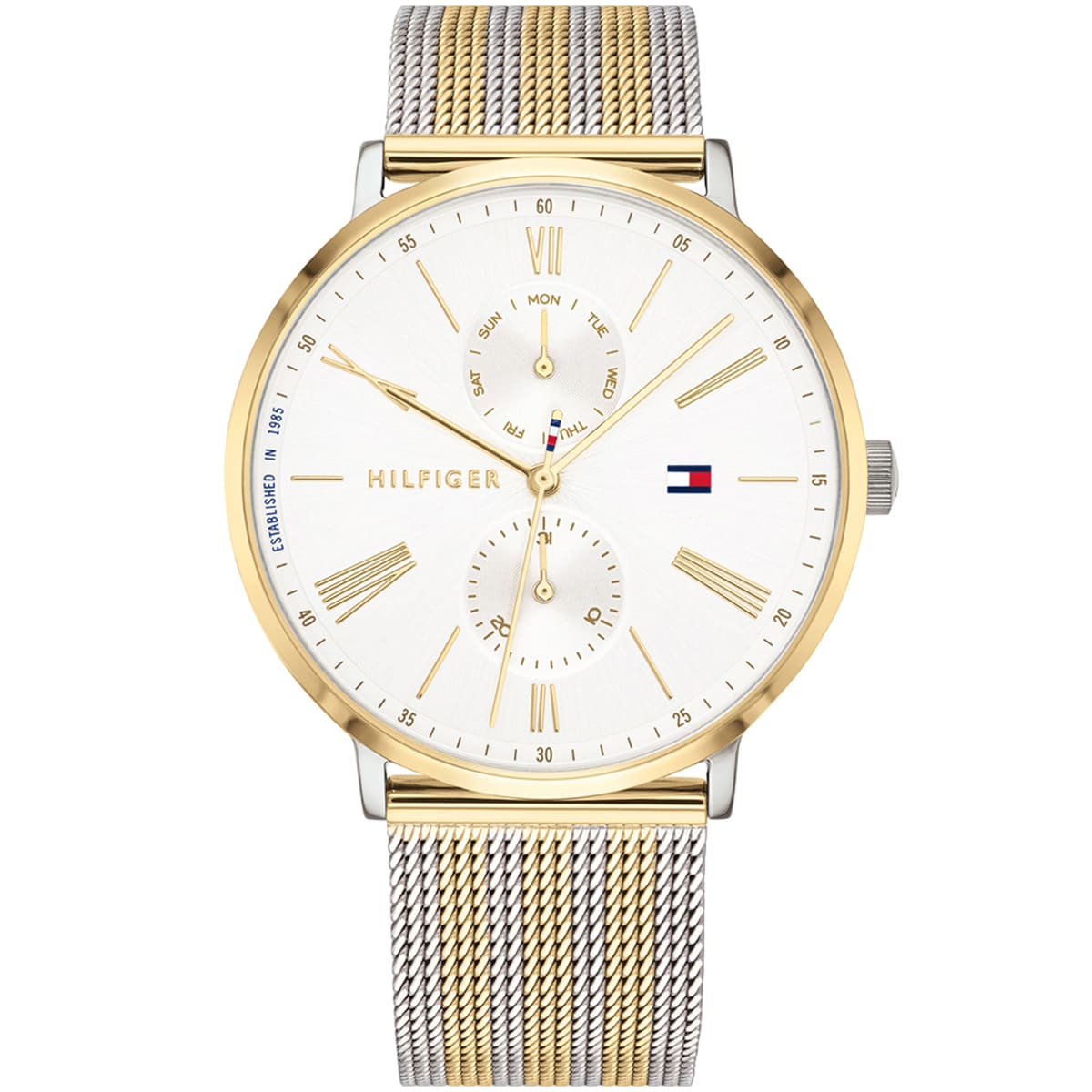 1782074-tommy-hilfiger-watch-women-white-dial-stainless-steel-metal-silver-gold-mesh-two-tone-strap-quartz-analog-day-date-month-jenna 1782074 tommy hilfiger watch women white dial stainless steel metal silver gold mesh two tone strap quartz analog day date month jenna 1